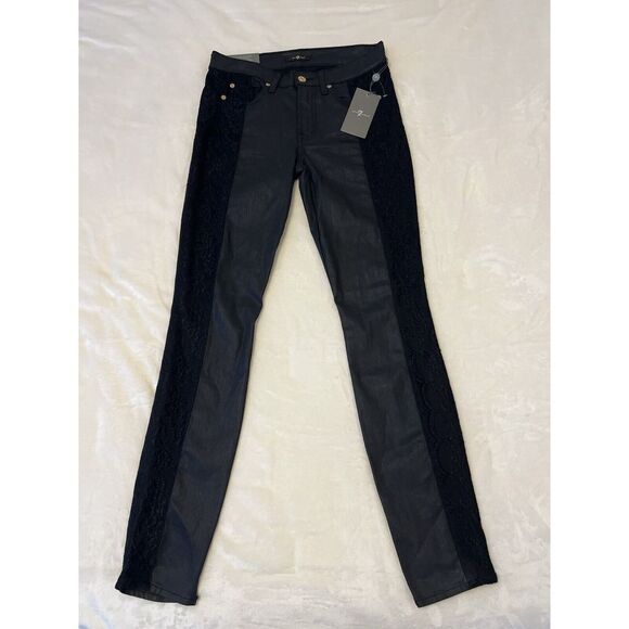 Seven 7 For All Mankind 28x30 The Skinny Second Skin Lace Jeans Coated Black New - Picture 1 of 10